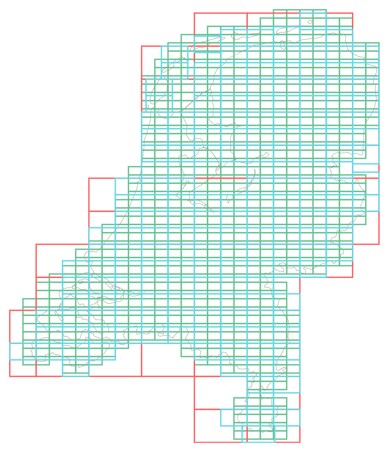 Overlaid sheet indices of Dutch map series in Bonne projection